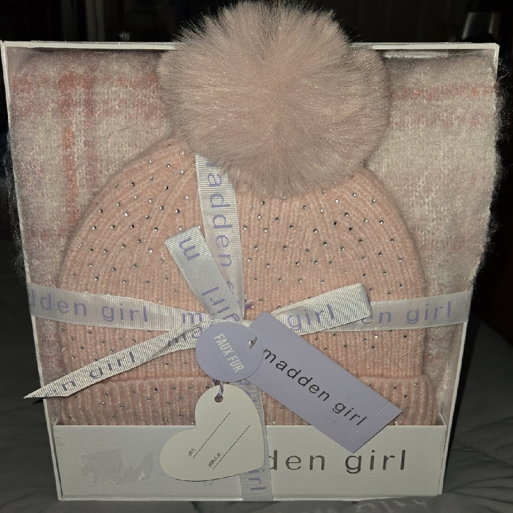 Madden Girl Blush Pink Knit Beanie with Faux Fur Pom and Rhinestones